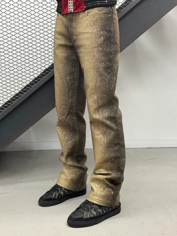 AW1999 Roberto Cavalli Golden Brown Metallic Python Print Flared Pants FPXcWFY 2