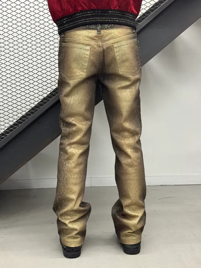 AW1999 Roberto Cavalli Golden Brown Metallic Python Print Flared Pants FPXcWFY 3