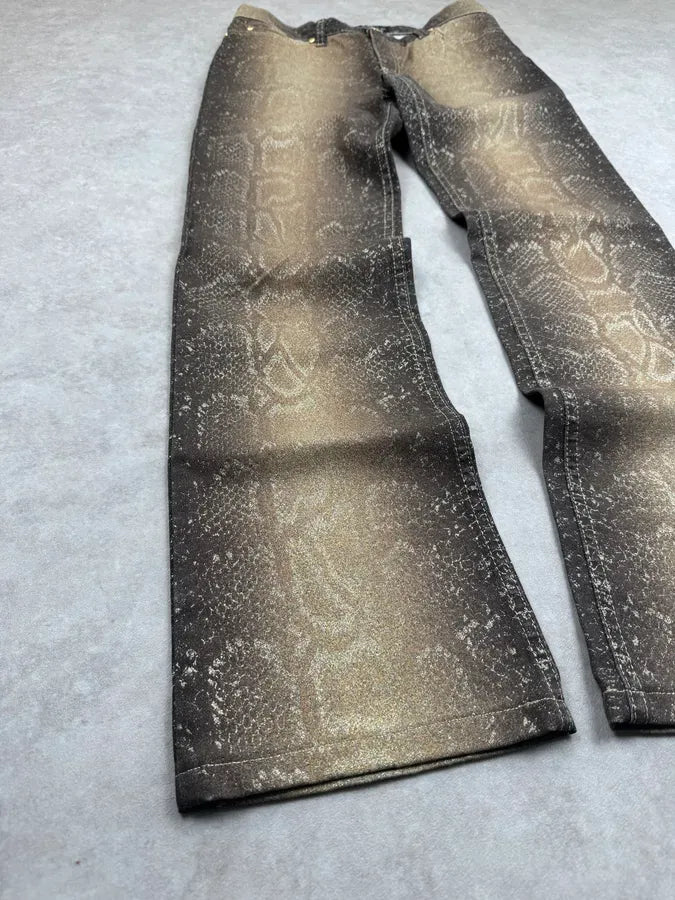 AW1999 Roberto Cavalli Golden Brown Metallic Python Print Flared Pants FPXcWFY 4