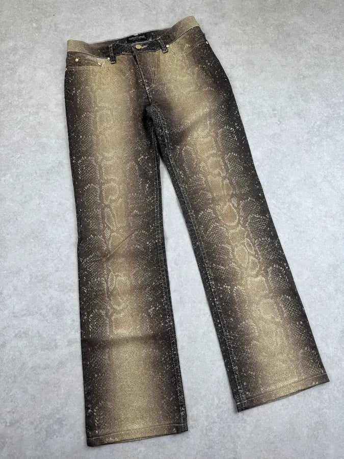 AW1999 Roberto Cavalli Golden Brown Metallic Python Print Flared Pants FPXcWFY 5