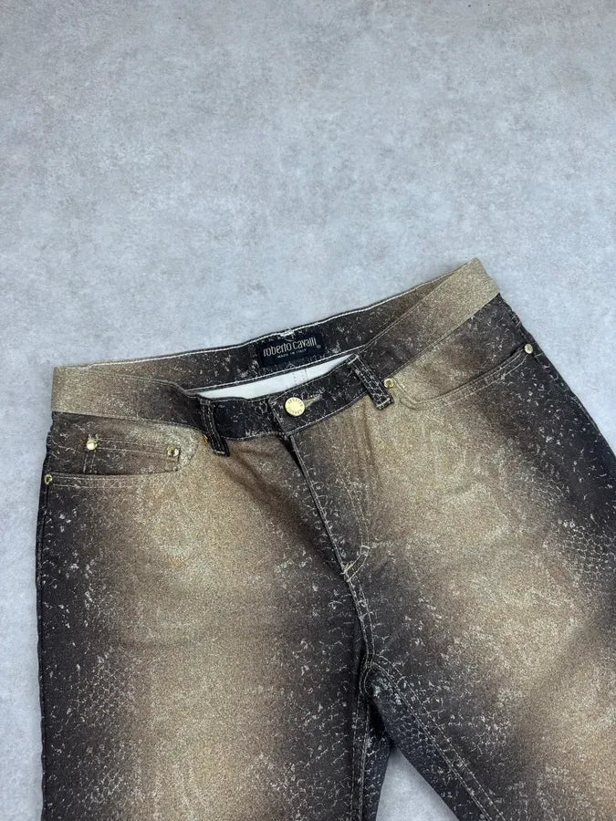 AW1999 Roberto Cavalli Golden Brown Metallic Python Print Flared Pants FPXcWFY 6