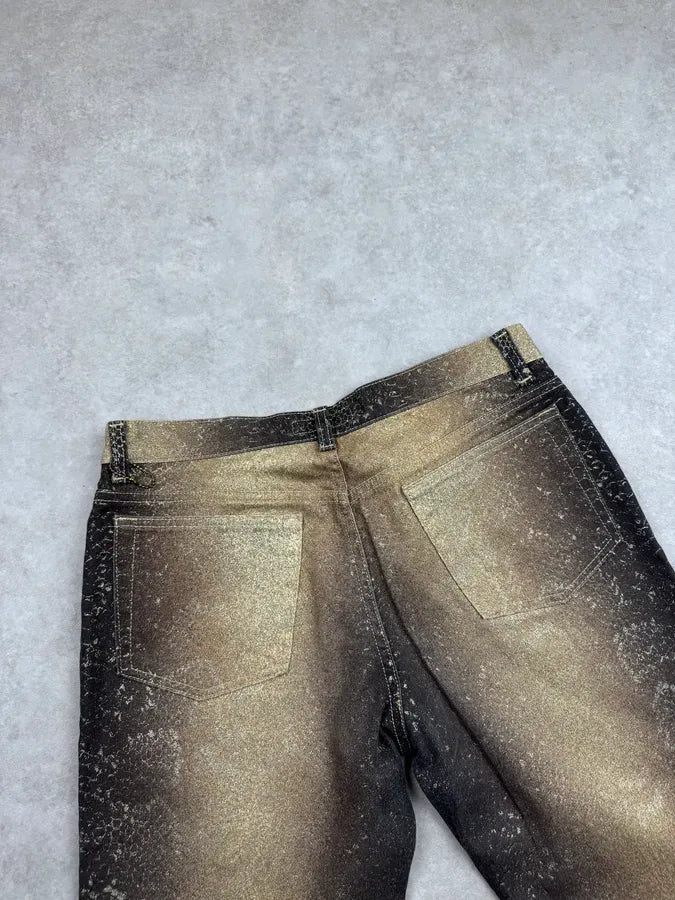 AW1999 Roberto Cavalli Golden Brown Metallic Python Print Flared Pants FPXcWFY 7