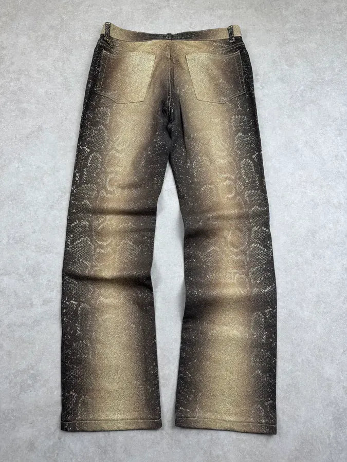 AW1999 Roberto Cavalli Golden Brown Metallic Python Print Flared Pants FPXcWFY 8