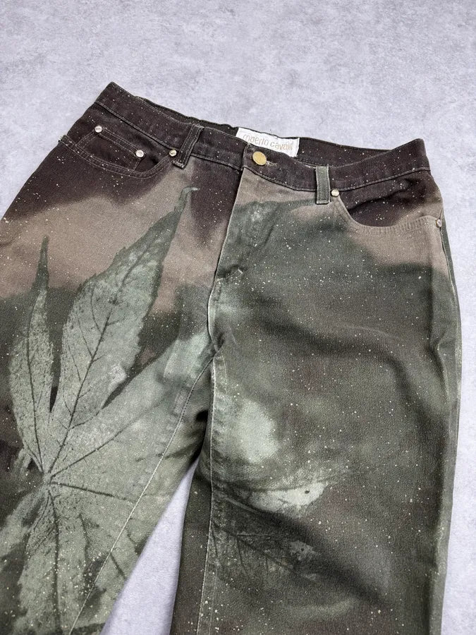 AW1999 Roberto Cavalli Green Autumn Leafs Pants zYSVKQe 5
