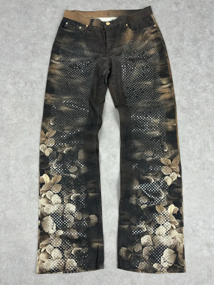 AW1999 Roberto Cavalli Grey & Gold Spectrum Flower Straight Jeans CJrkHLJ 0