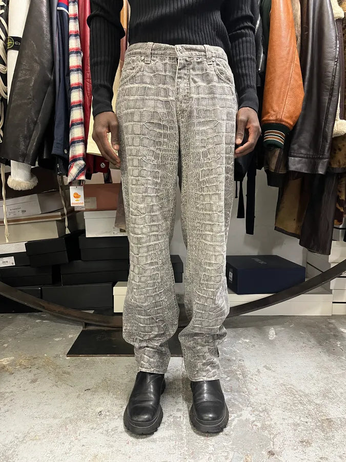 AW1999 Roberto Cavalli Grey Crocodile Effect Pants GlzCThj 1