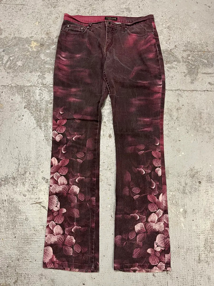 Pantalon Roberto Cavalli Violet à Fleurs - Taille XS, Occasion Très Bon état, Vintage Italie