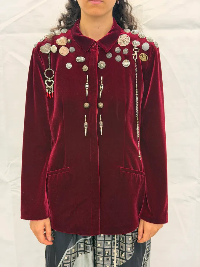 AW2000 Armani Collezioni Bordeaux Velvet Hardware Blazer Jacket ABkzFaF 1