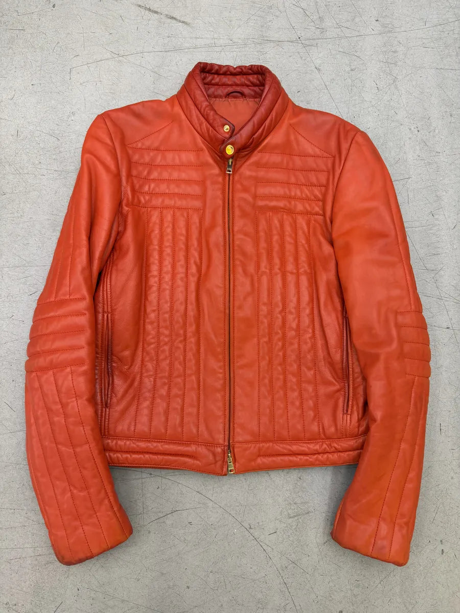 AW2000 Gucci Orange Leather Quilted Biker Leather Jacket by Tom Ford BLNDUwV 0