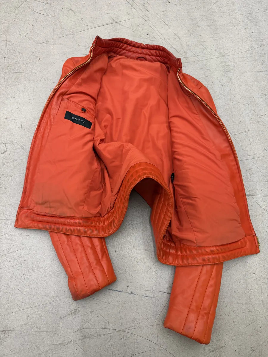 AW2000 Gucci Orange Leather Quilted Biker Leather Jacket by Tom Ford BLNDUwV 13