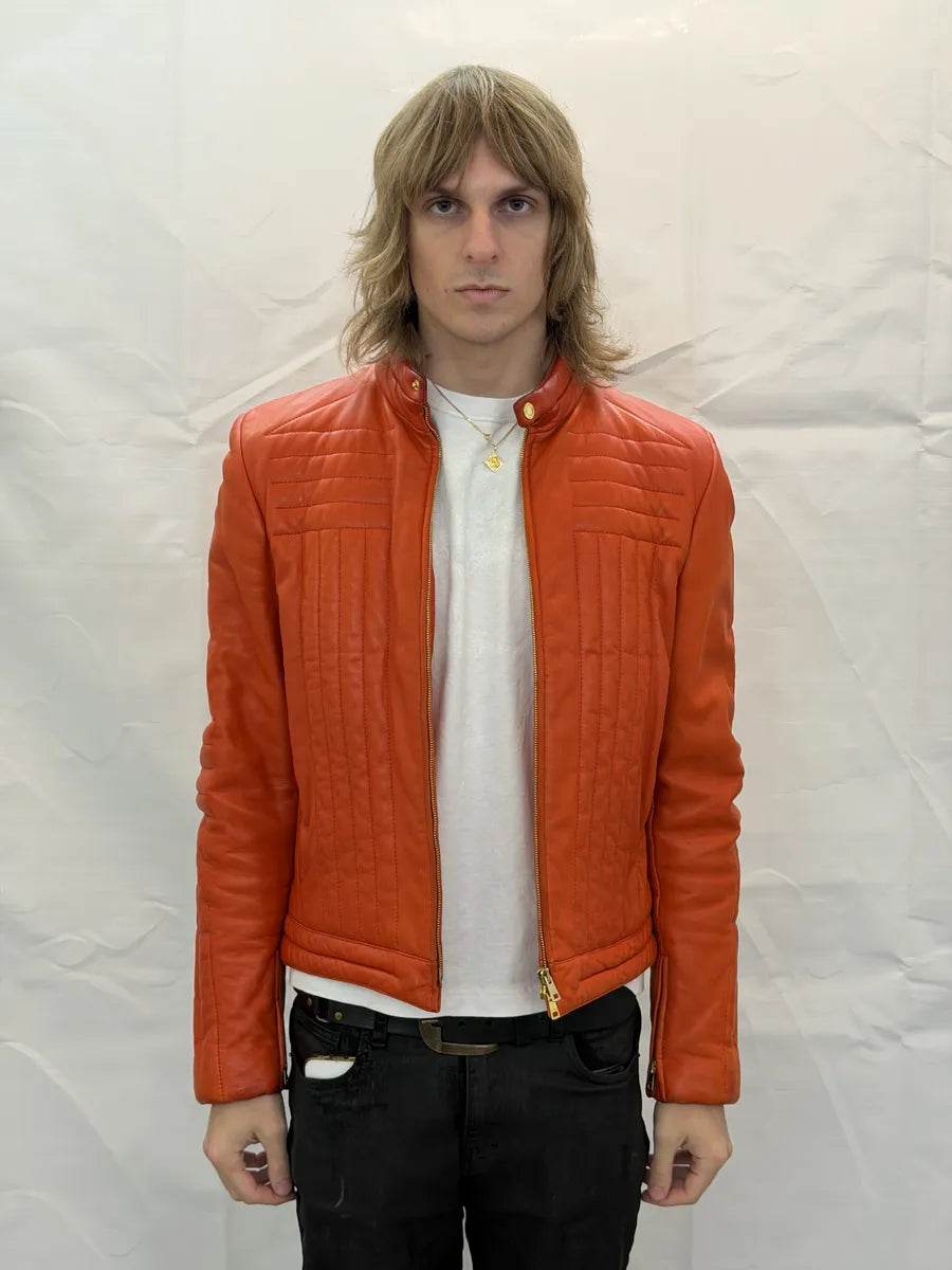 AW2000 Gucci Orange Leather Quilted Biker Leather Jacket by Tom Ford BLNDUwV 4
