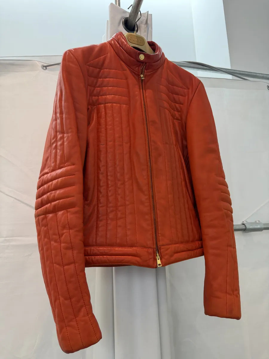 AW2000 Gucci Orange Leather Quilted Biker Leather Jacket by Tom Ford BLNDUwV 8