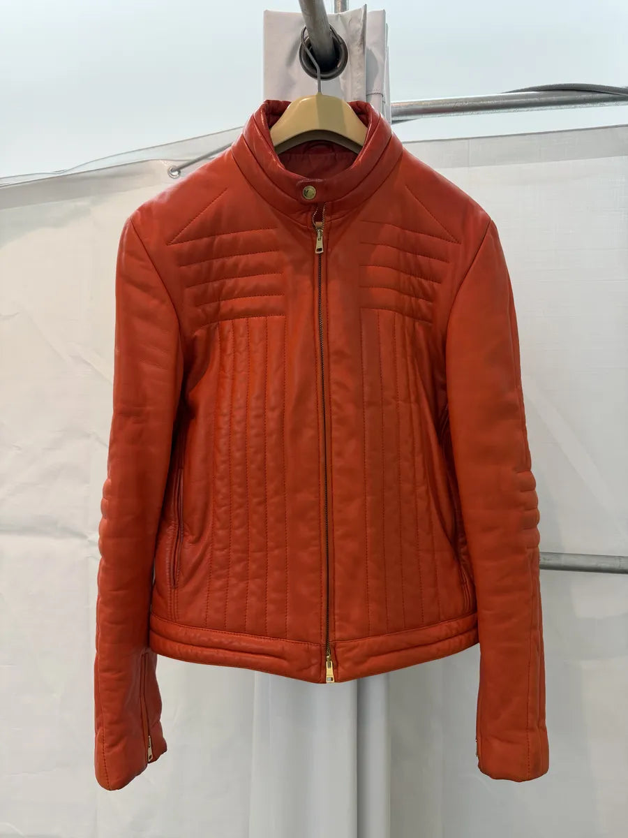 AW2000 Gucci Orange Leather Quilted Biker Leather Jacket by Tom Ford BLNDUwV 9