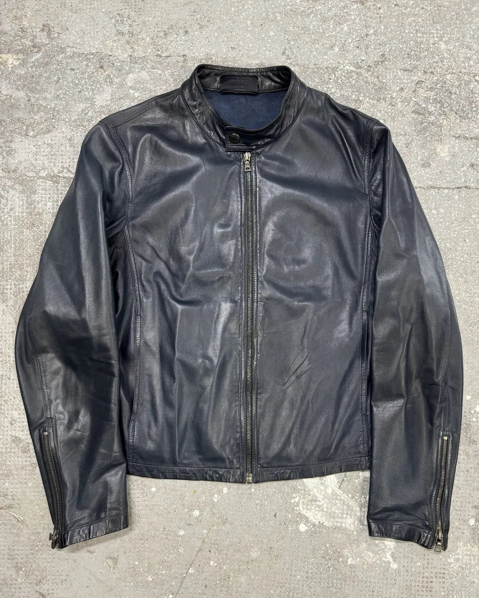 AW2000 Prada Navy Minimalist Biker Leather Jacket (M) 0