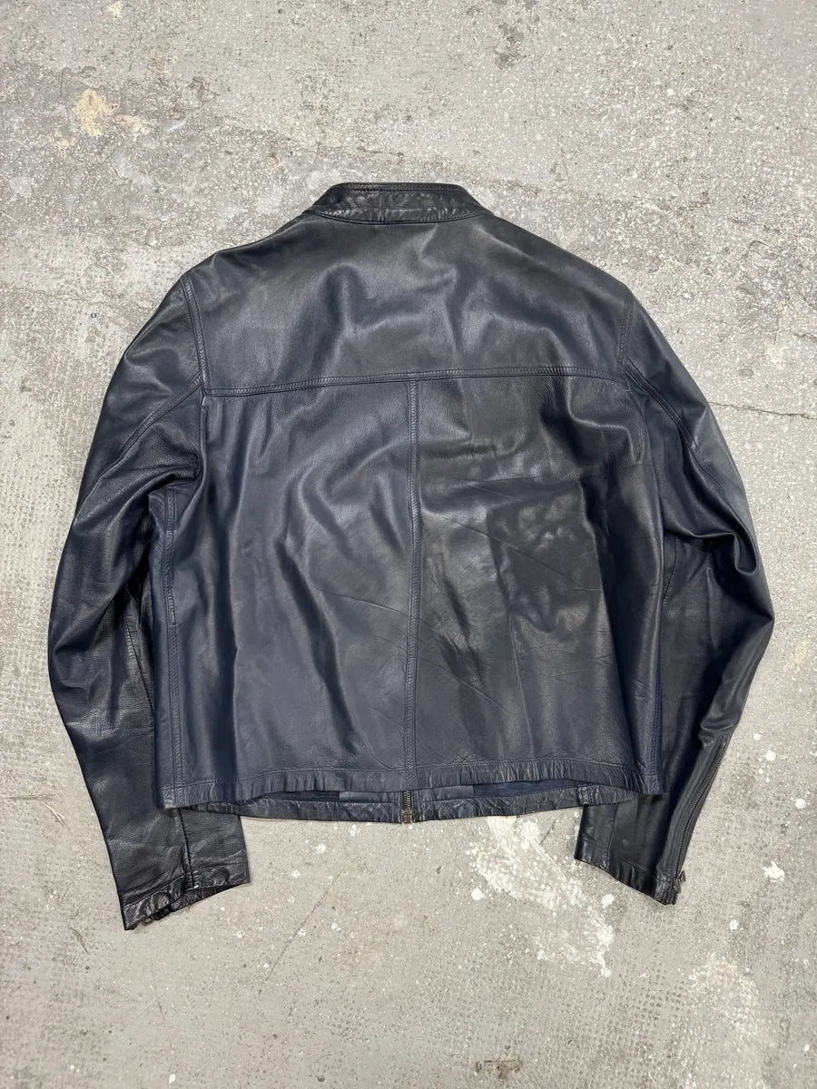 AW2000 Prada Navy Minimalist Biker Leather Jacket (M) 1