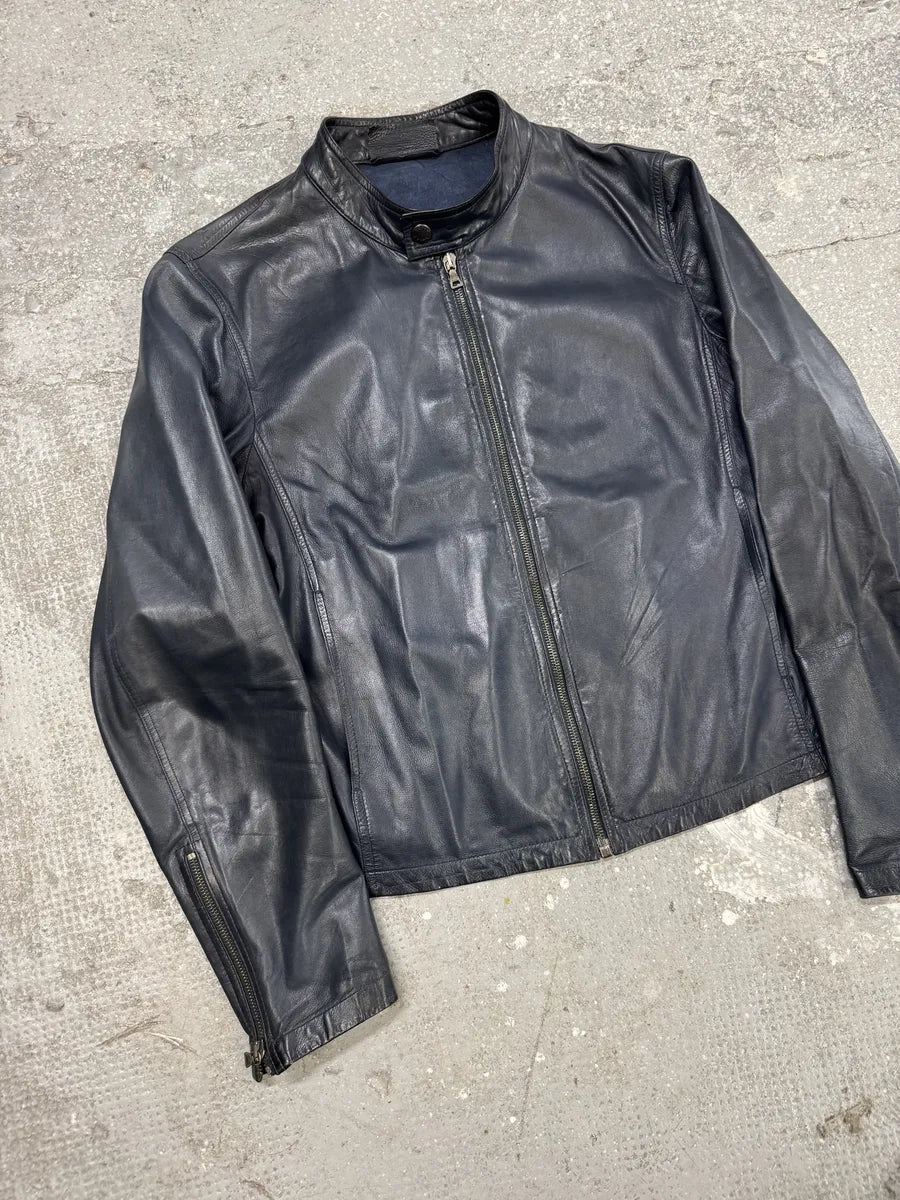 AW2000 Prada Navy Minimalist Biker Leather Jacket (M) 10