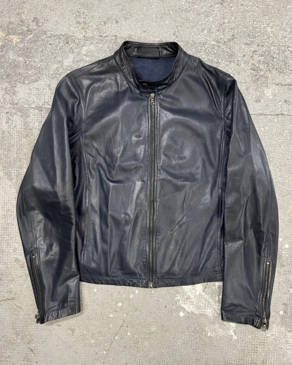 AW2000 Prada Navy Minimalist Biker Leather Jacket (M) 2