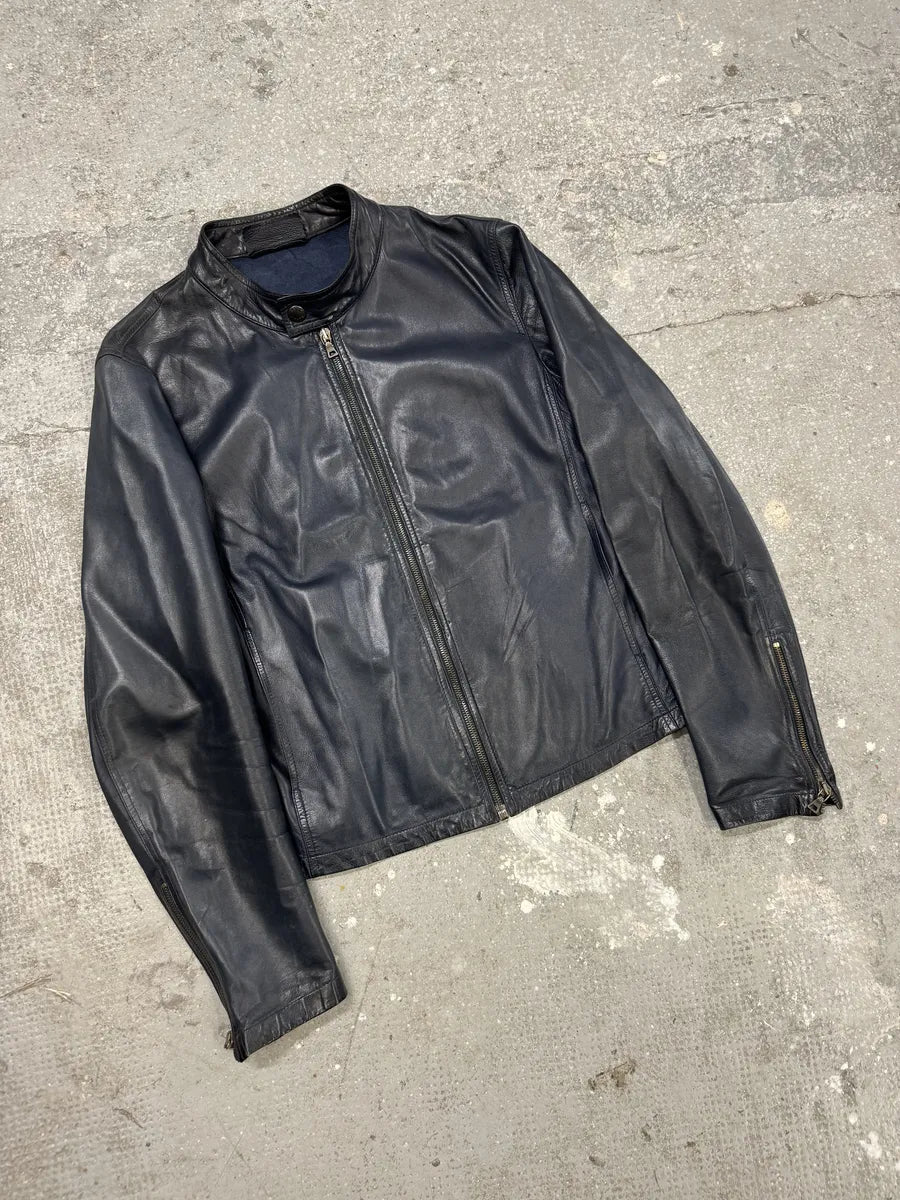 AW2000 Prada Navy Minimalist Biker Leather Jacket (M) 4
