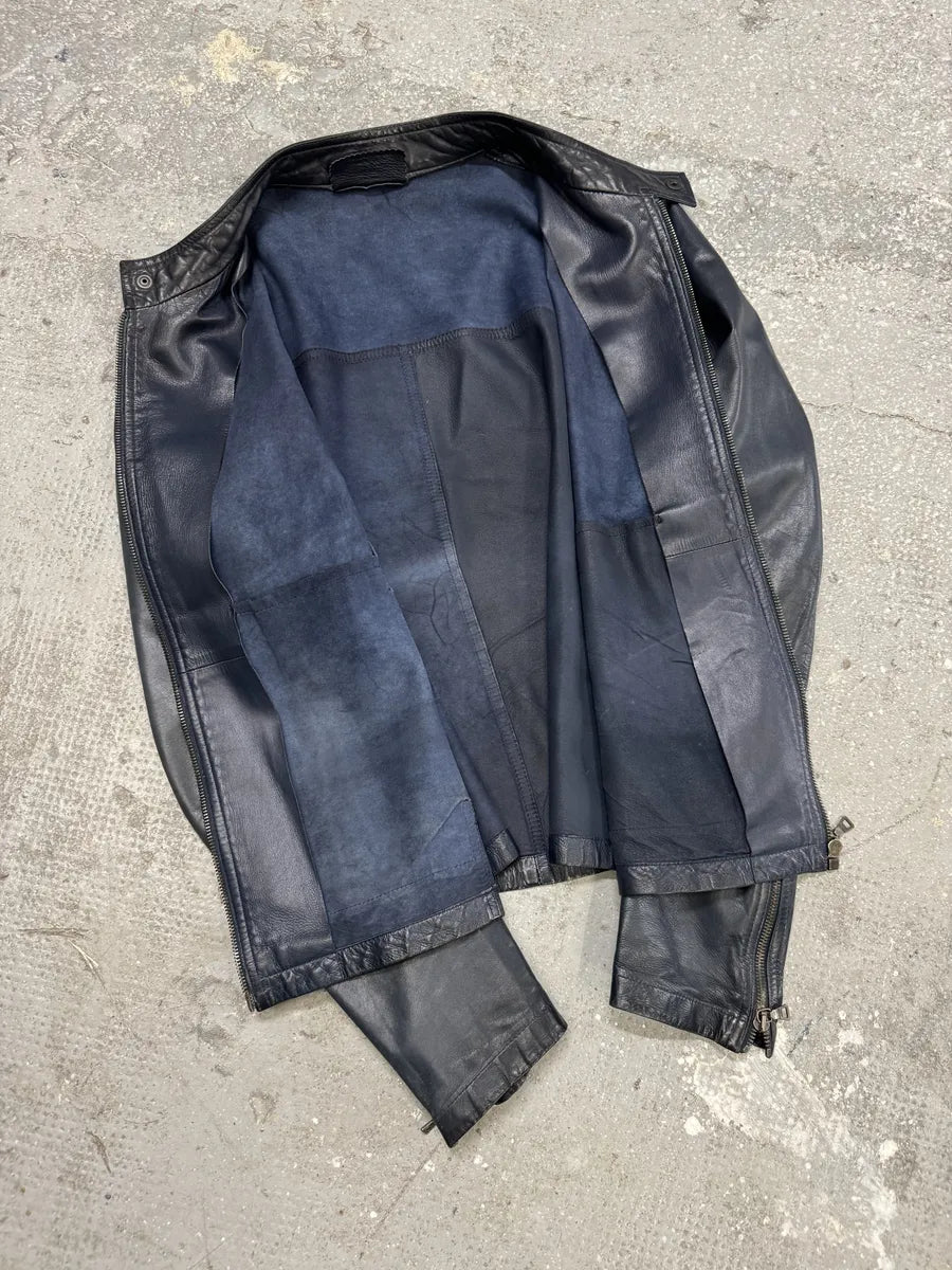 AW2000 Prada Navy Minimalist Biker Leather Jacket (M) 5