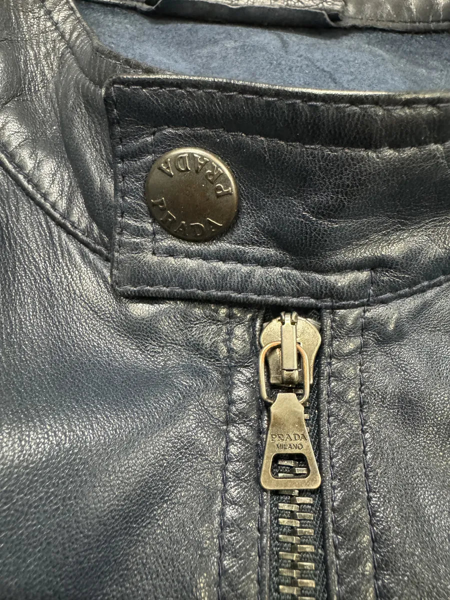 AW2000 Prada Navy Minimalist Biker Leather Jacket (M) 6