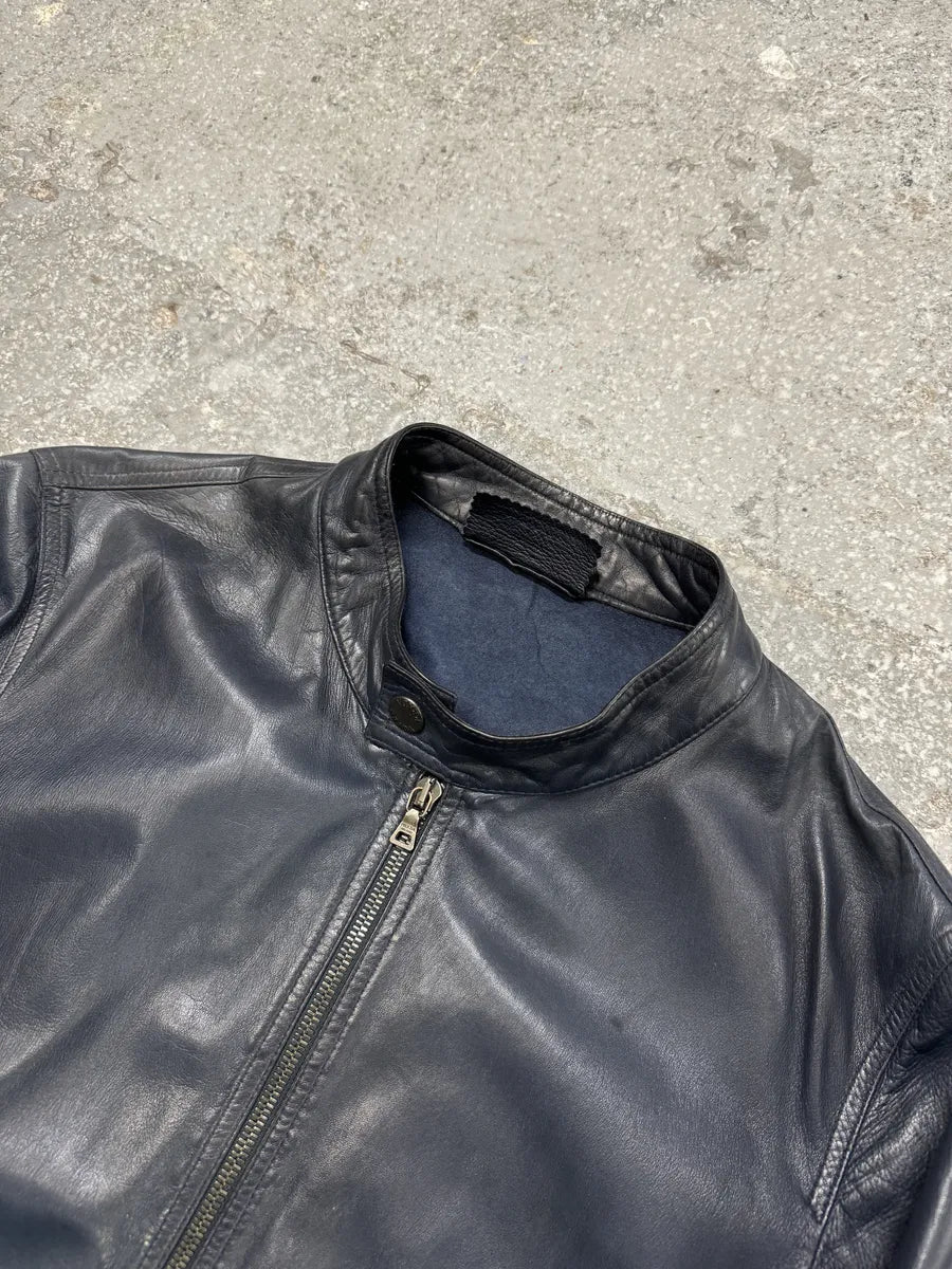 AW2000 Prada Navy Minimalist Biker Leather Jacket (M) 7