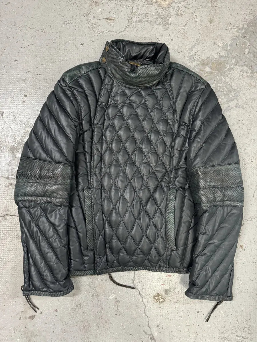 AW2000 Roberto Cavalli Asymmetrical Ninja Python Dark Green Puffer Leather Jacket VkeRIbC 0