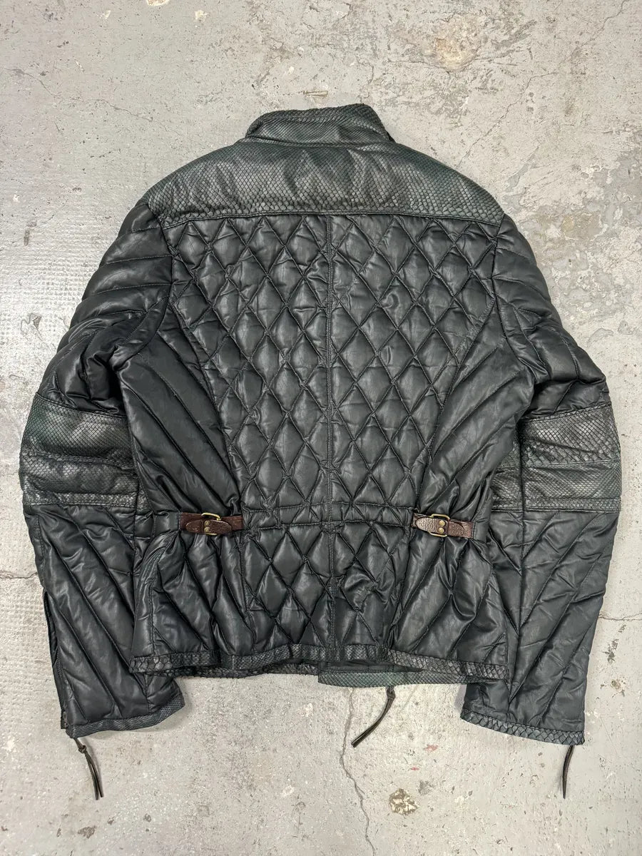 AW2000 Roberto Cavalli Asymmetrical Ninja Python Dark Green Puffer Leather Jacket VkeRIbC 1