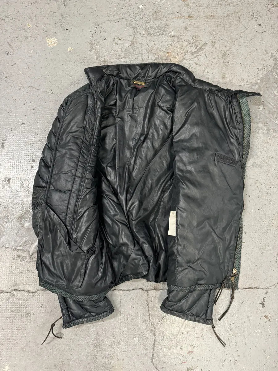 AW2000 Roberto Cavalli Asymmetrical Ninja Python Dark Green Puffer Leather Jacket VkeRIbC 11