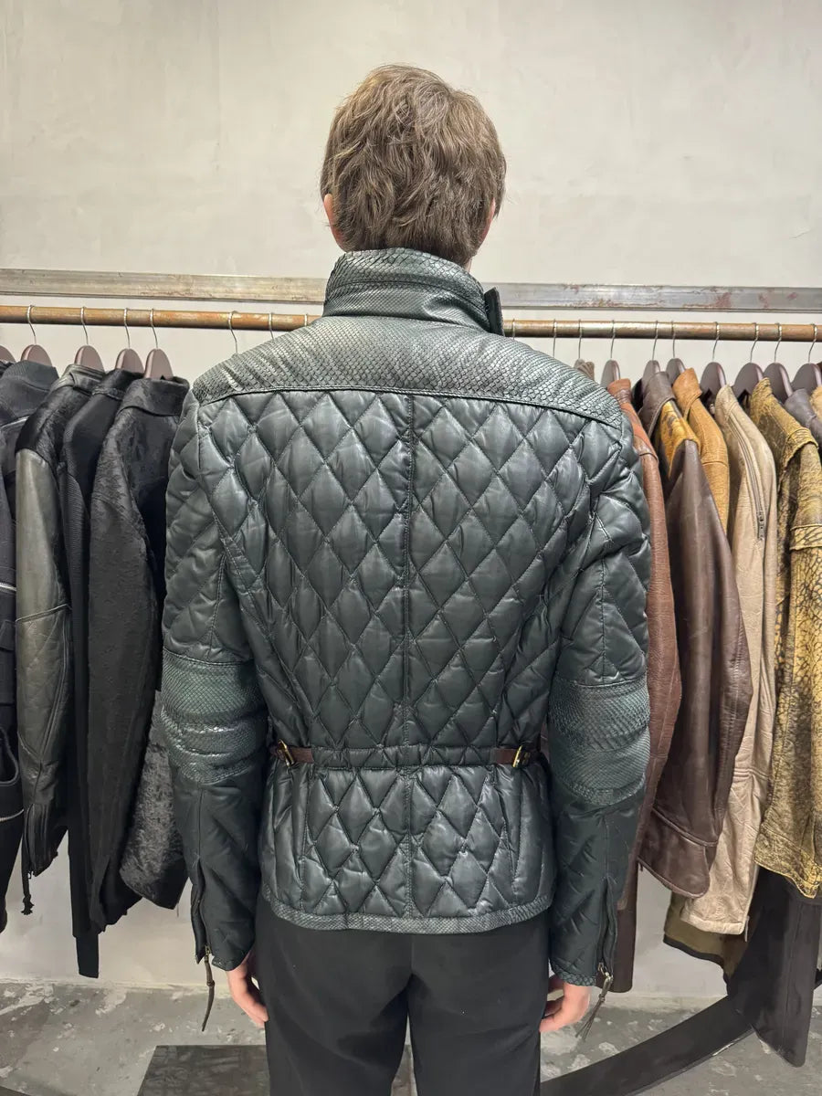 AW2000 Roberto Cavalli Asymmetrical Ninja Python Dark Green Puffer Leather Jacket VkeRIbC 3