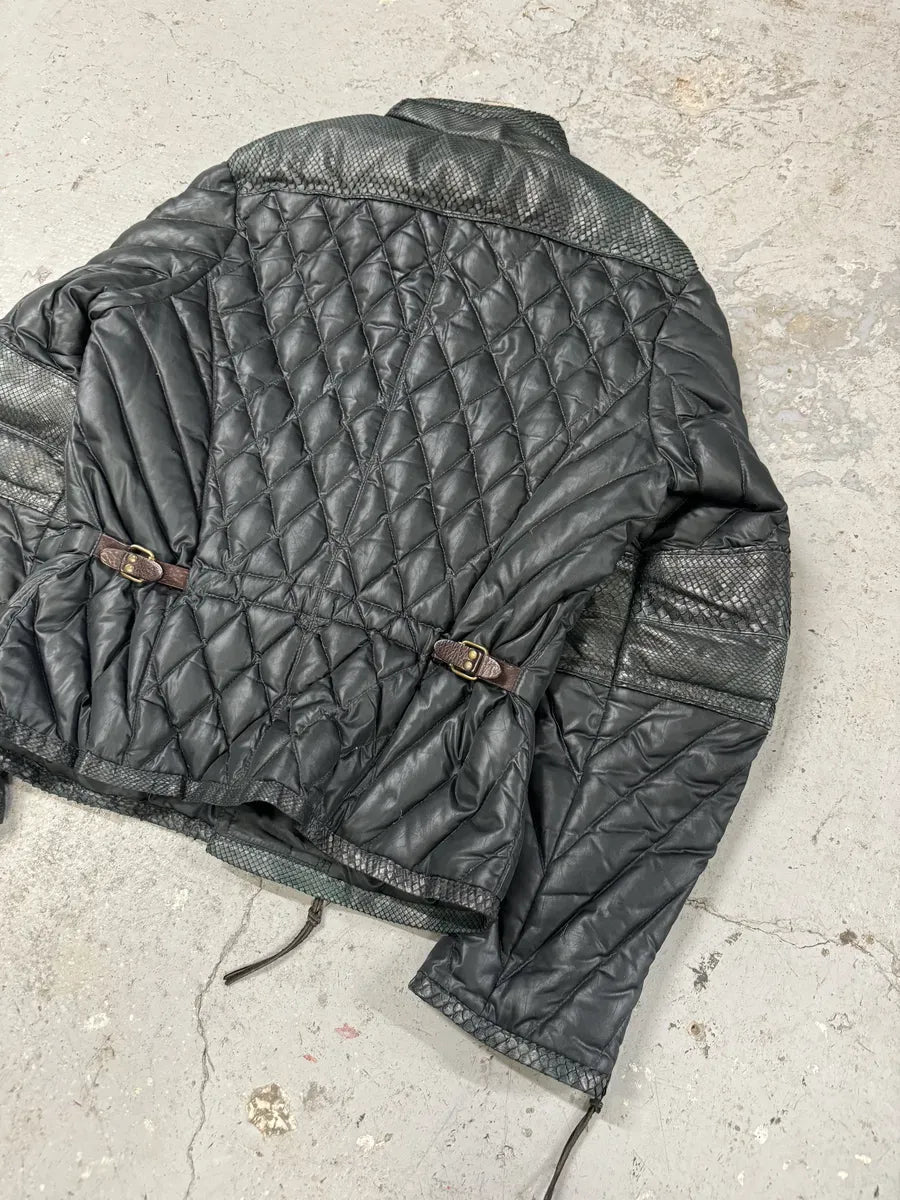 AW2000 Roberto Cavalli Asymmetrical Ninja Python Dark Green Puffer Leather Jacket VkeRIbC 6