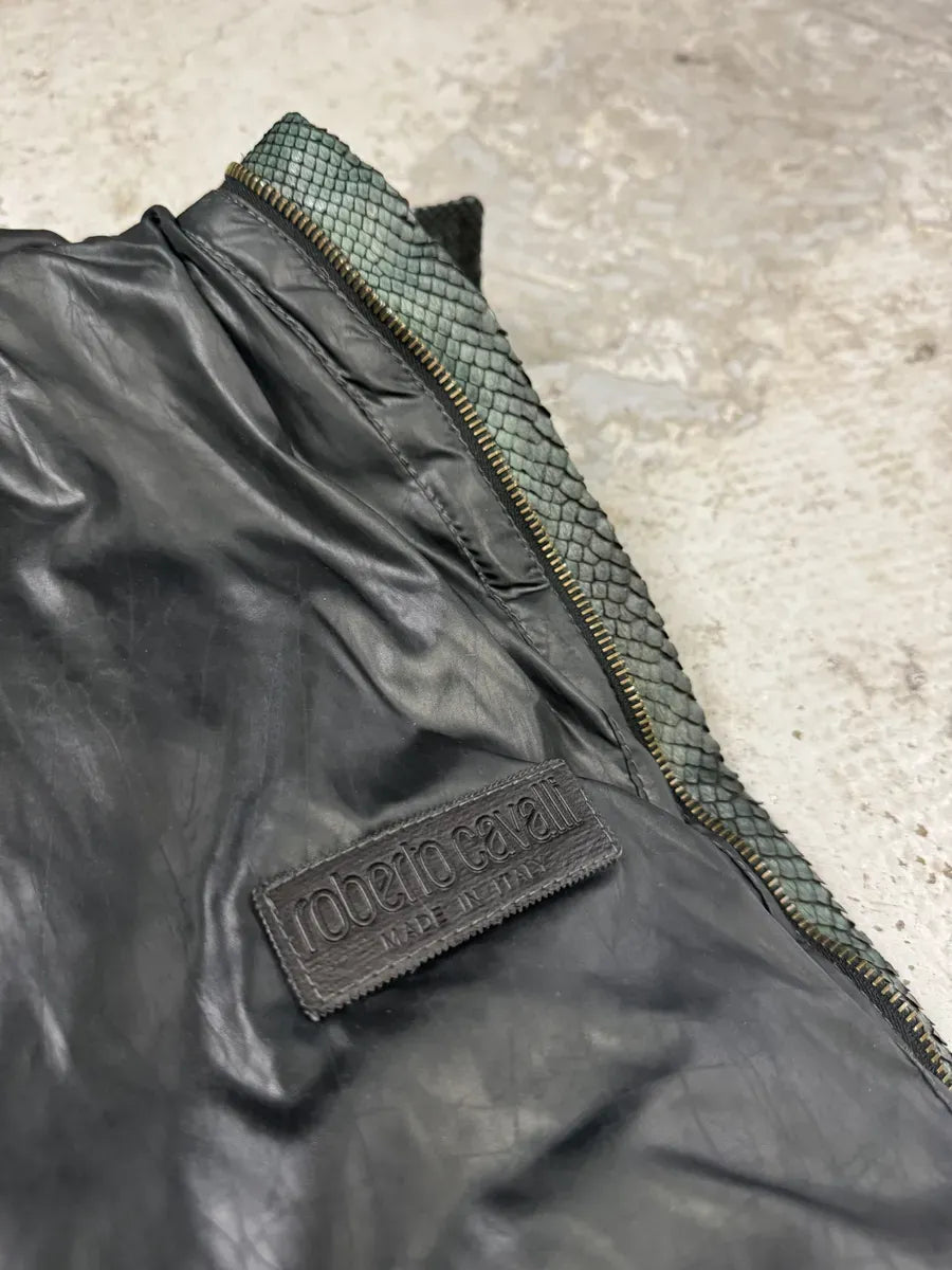 AW2000 Roberto Cavalli Asymmetrical Ninja Python Dark Green Puffer Leather Jacket VkeRIbC 7