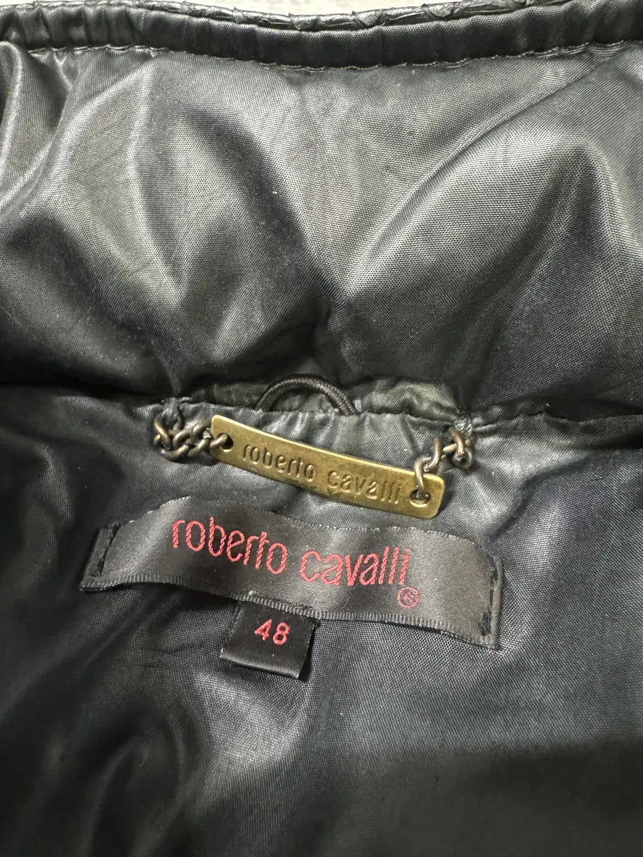AW2000 Roberto Cavalli Asymmetrical Ninja Python Dark Green Puffer Leather Jacket VkeRIbC 9