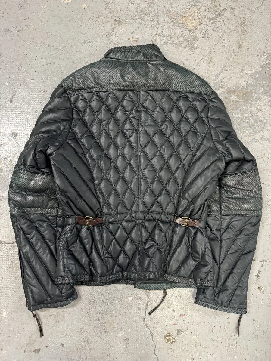 AW2000 Roberto Cavalli Asymmetrical Ninja Python Dark Green Puffer Leather Jacket VkeRIbC 1