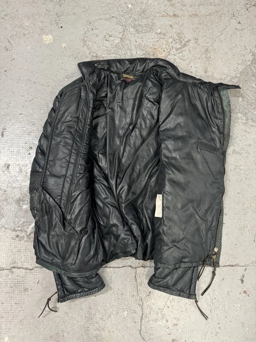 AW2000 Roberto Cavalli Asymmetrical Ninja Python Dark Green Puffer Leather Jacket VkeRIbC 11