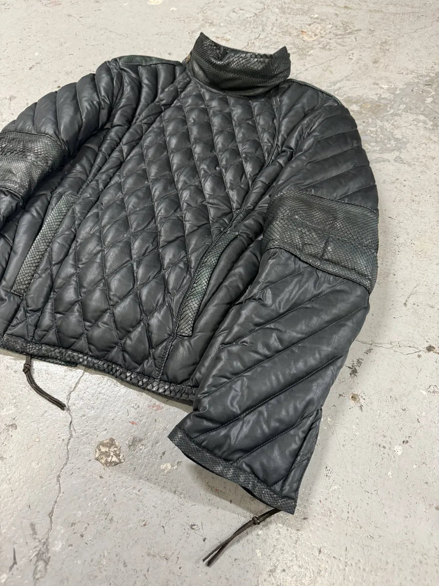 AW2000 Roberto Cavalli Asymmetrical Ninja Python Dark Green Puffer Leather Jacket VkeRIbC 4