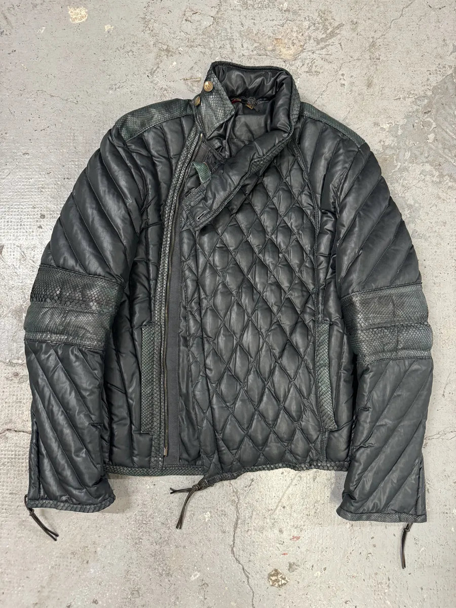 AW2000 Roberto Cavalli Asymmetrical Ninja Python Dark Green Puffer Leather Jacket VkeRIbC 5