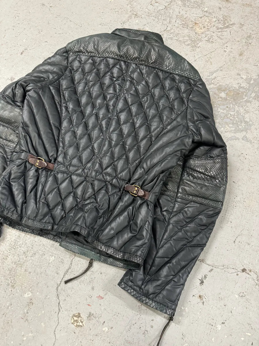 AW2000 Roberto Cavalli Asymmetrical Ninja Python Dark Green Puffer Leather Jacket VkeRIbC 6
