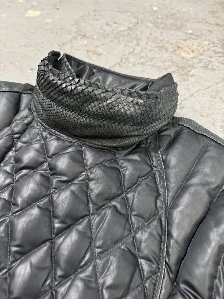 AW2000 Roberto Cavalli Asymmetrical Ninja Python Dark Green Puffer Leather Jacket VkeRIbC 8