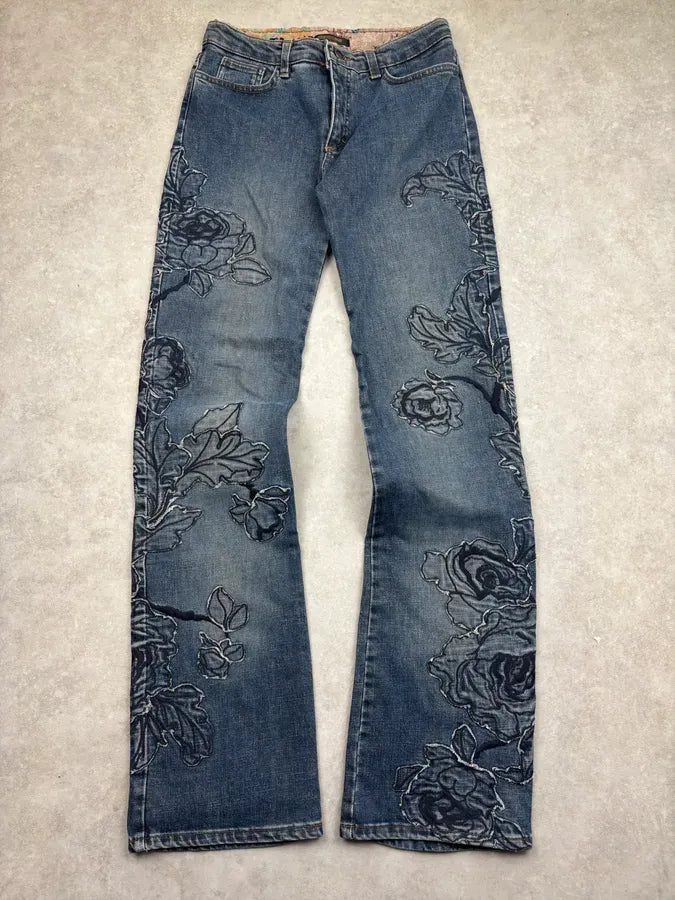 AW2000 Roberto Cavalli Blue Denim Floral Perfored Jeans  pZjmjOm 3