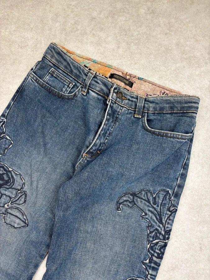 AW2000 Roberto Cavalli Blue Denim Floral Perfored Jeans  pZjmjOm 4