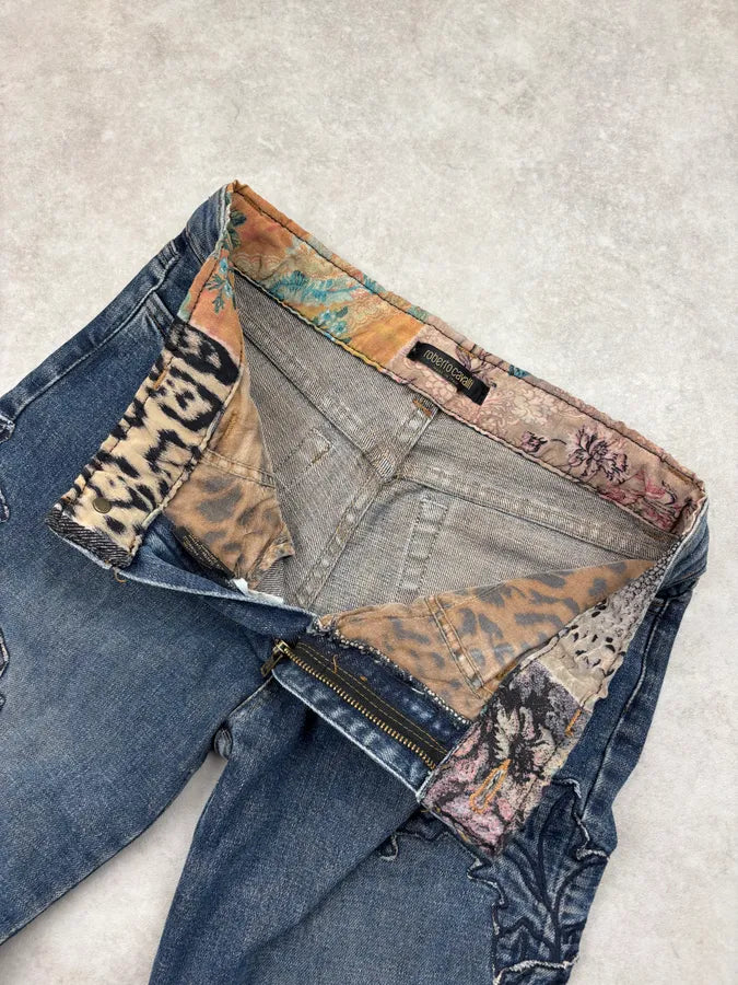AW2000 Roberto Cavalli Blue Denim Floral Perfored Jeans  pZjmjOm 8