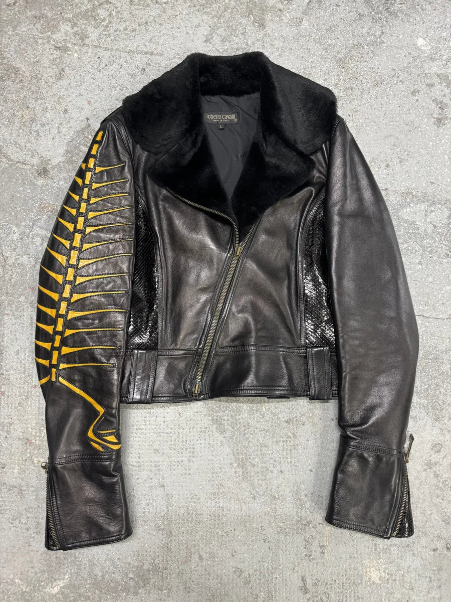 AW2000 Roberto Cavalli Bones Arms Fur & Python Effect Leather Asymmetrical Jacket (M/L) 0