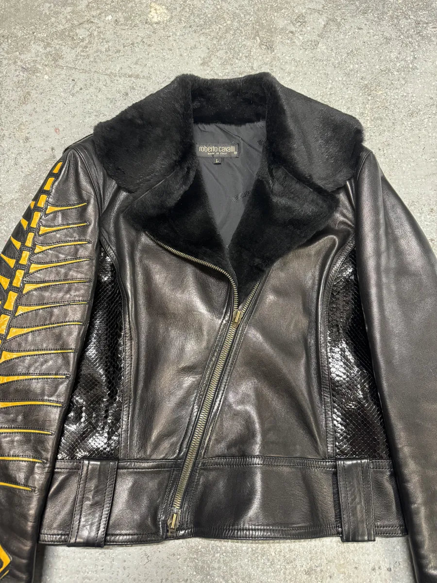 AW2000 Roberto Cavalli Bones Arms Fur & Python Effect Leather Asymmetrical Jacket (M/L) 10