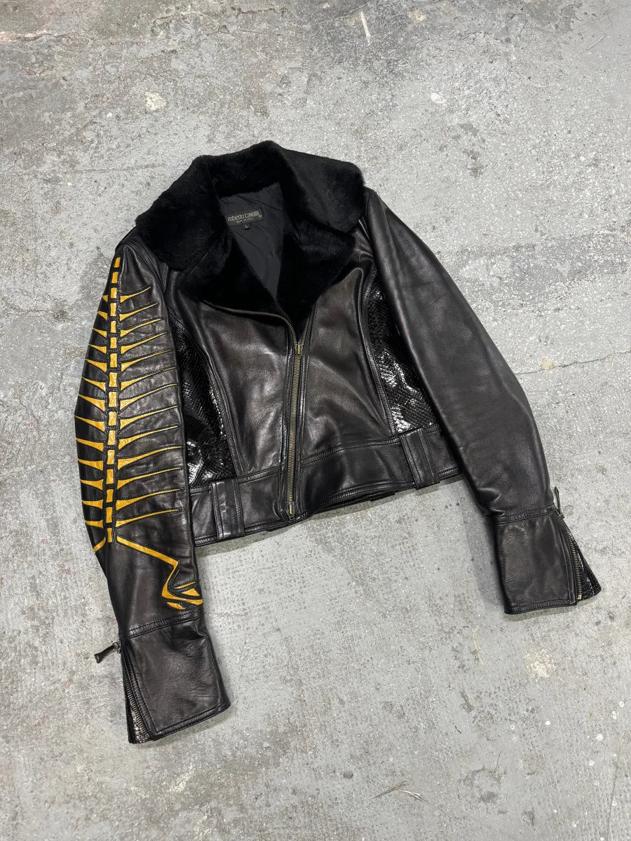 AW2000 Roberto Cavalli Bones Arms Fur & Python Effect Leather Asymmetrical Jacket (M/L) 11