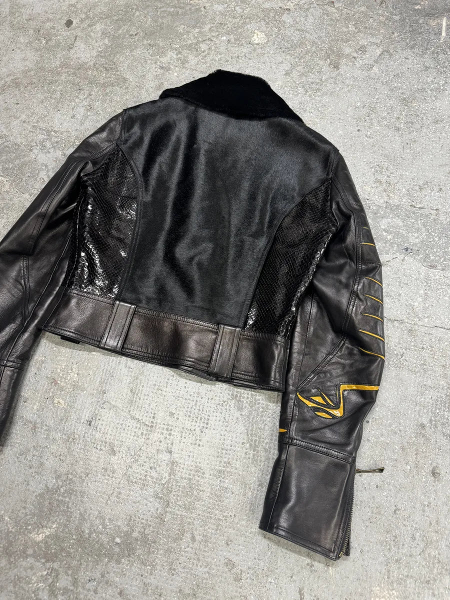 AW2000 Roberto Cavalli Bones Arms Fur & Python Effect Leather Asymmetrical Jacket (M/L) 13