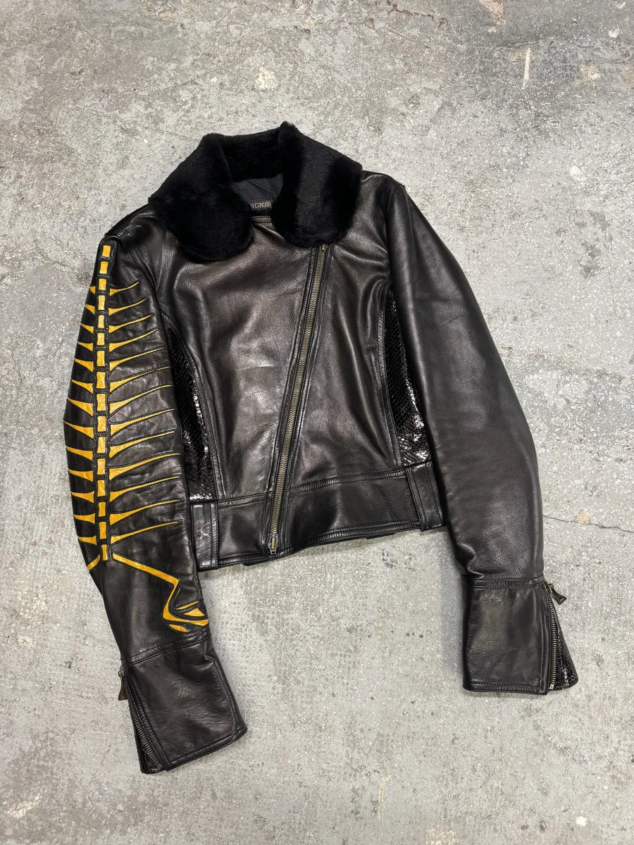 AW2000 Roberto Cavalli Bones Arms Fur & Python Effect Leather Asymmetrical Jacket (M/L) 2
