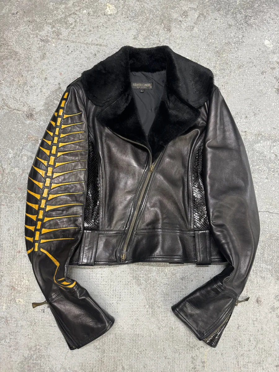AW2000 Roberto Cavalli Bones Arms Fur & Python Effect Leather Asymmetrical Jacket (M/L) 3