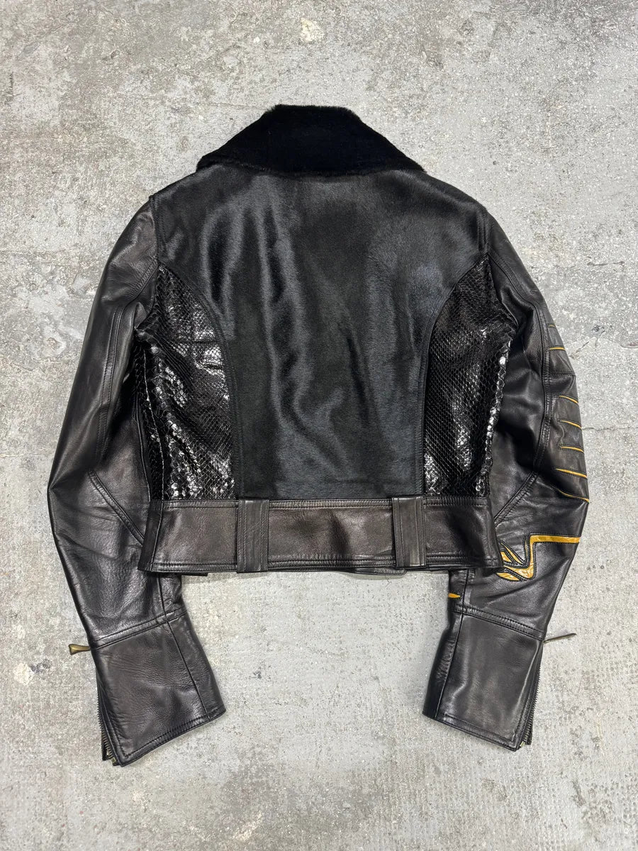 AW2000 Roberto Cavalli Bones Arms Fur & Python Effect Leather Asymmetrical Jacket (M/L) 4