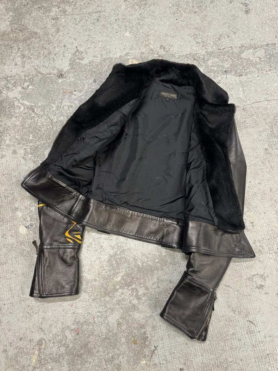 AW2000 Roberto Cavalli Bones Arms Fur & Python Effect Leather Asymmetrical Jacket (M/L) 5