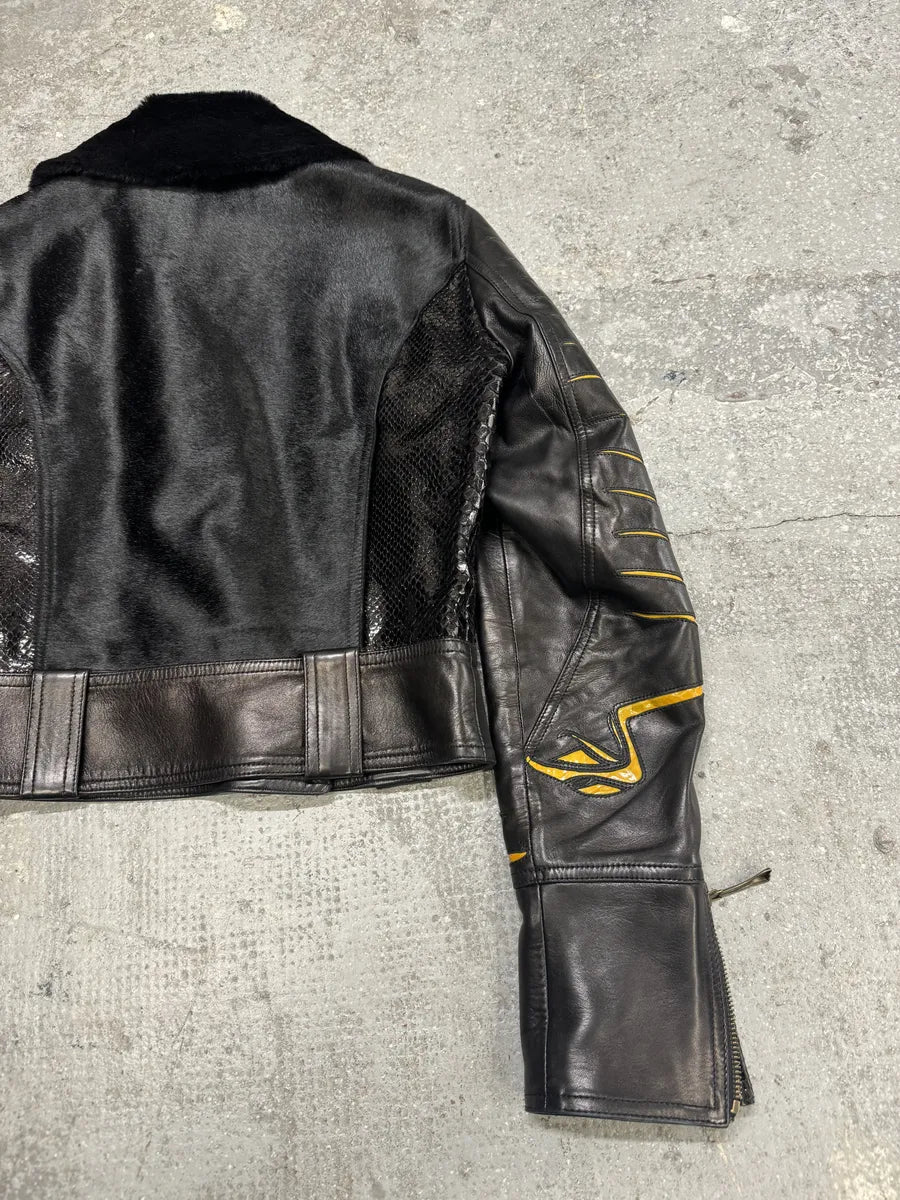 AW2000 Roberto Cavalli Bones Arms Fur & Python Effect Leather Asymmetrical Jacket (M/L) 6